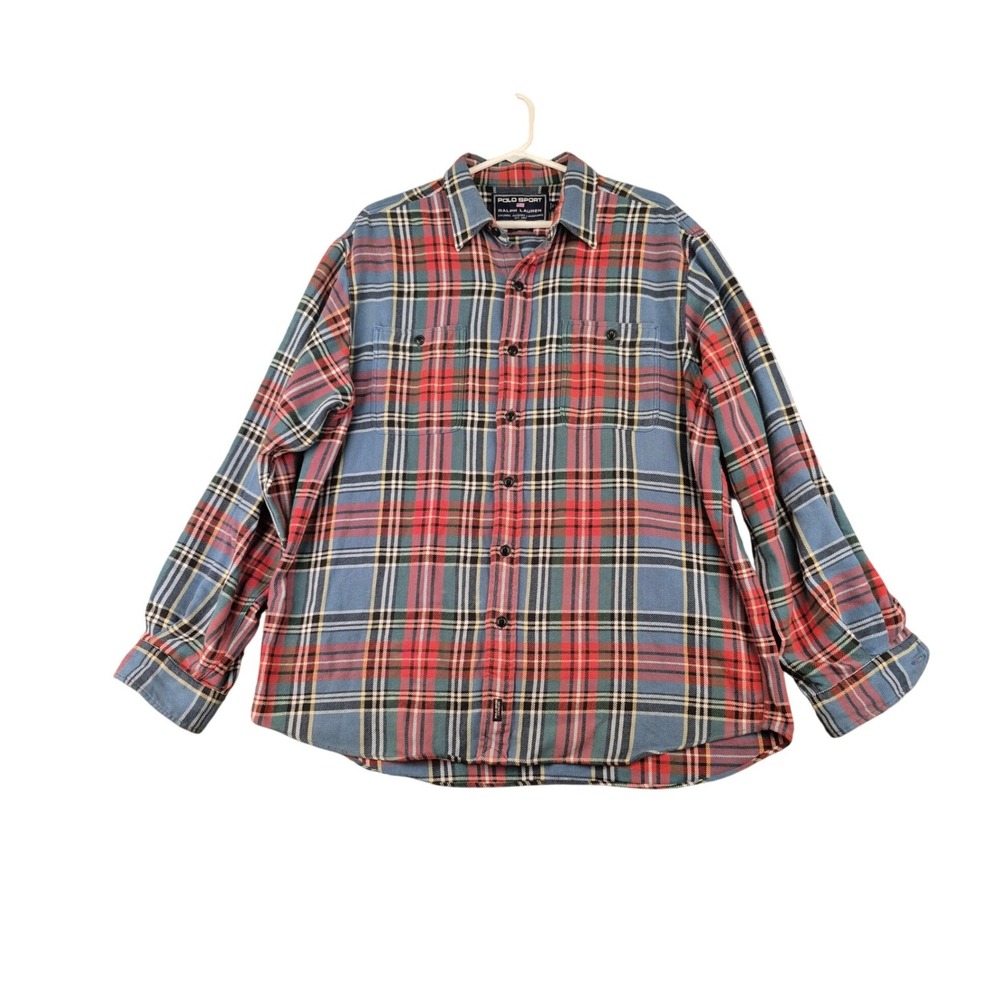 Polo Sport Ralph Lauren Mens Blue Red Plaid Flannel Button Down‎ Shirt Large